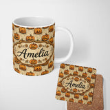 Personalized Custom Name Vintage Sketch Style Pumpkins on Script Background Halloween Lovely 11oz Ceramic Coffee Tea Mug White Large Handle