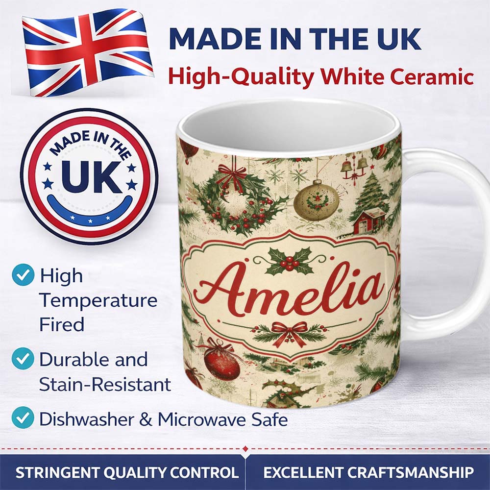 Personalized Custom Name Rustic Christmas Wreath Bell Ornament Holiday Seamless Pattern 11oz Ceramic Coffee Tea Mug White Large Handle