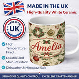 Personalized Custom Name Rustic Christmas Wreath Bell Ornament Holiday Seamless Pattern 11oz Ceramic Coffee Tea Mug White Large Handle
