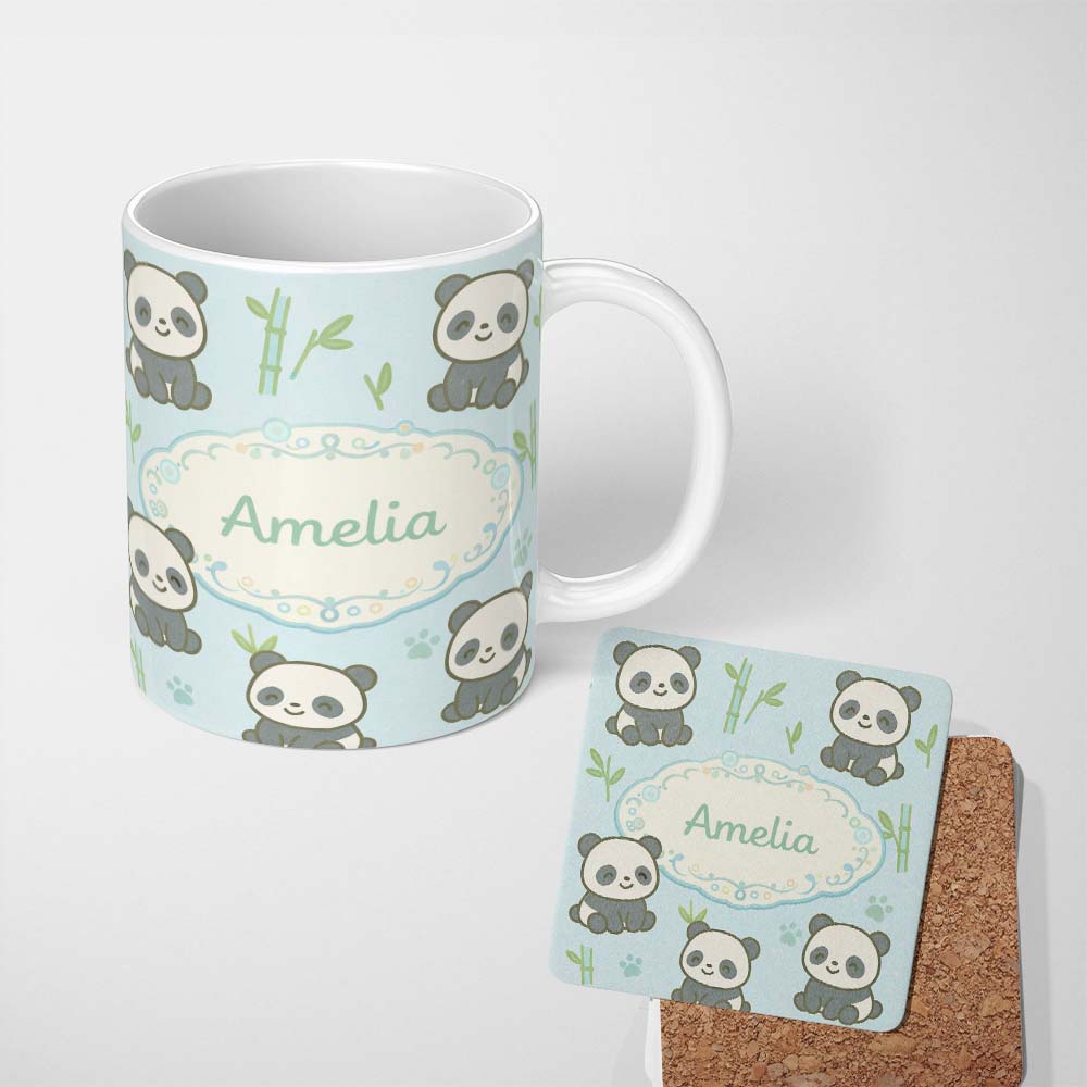 Personalized Custom Name Cute Panda Bamboo Cartoon Animal Pattern Stylish Everyday Mug Lovely 11oz Ceramic Coffee Tea Mug White Large Handle