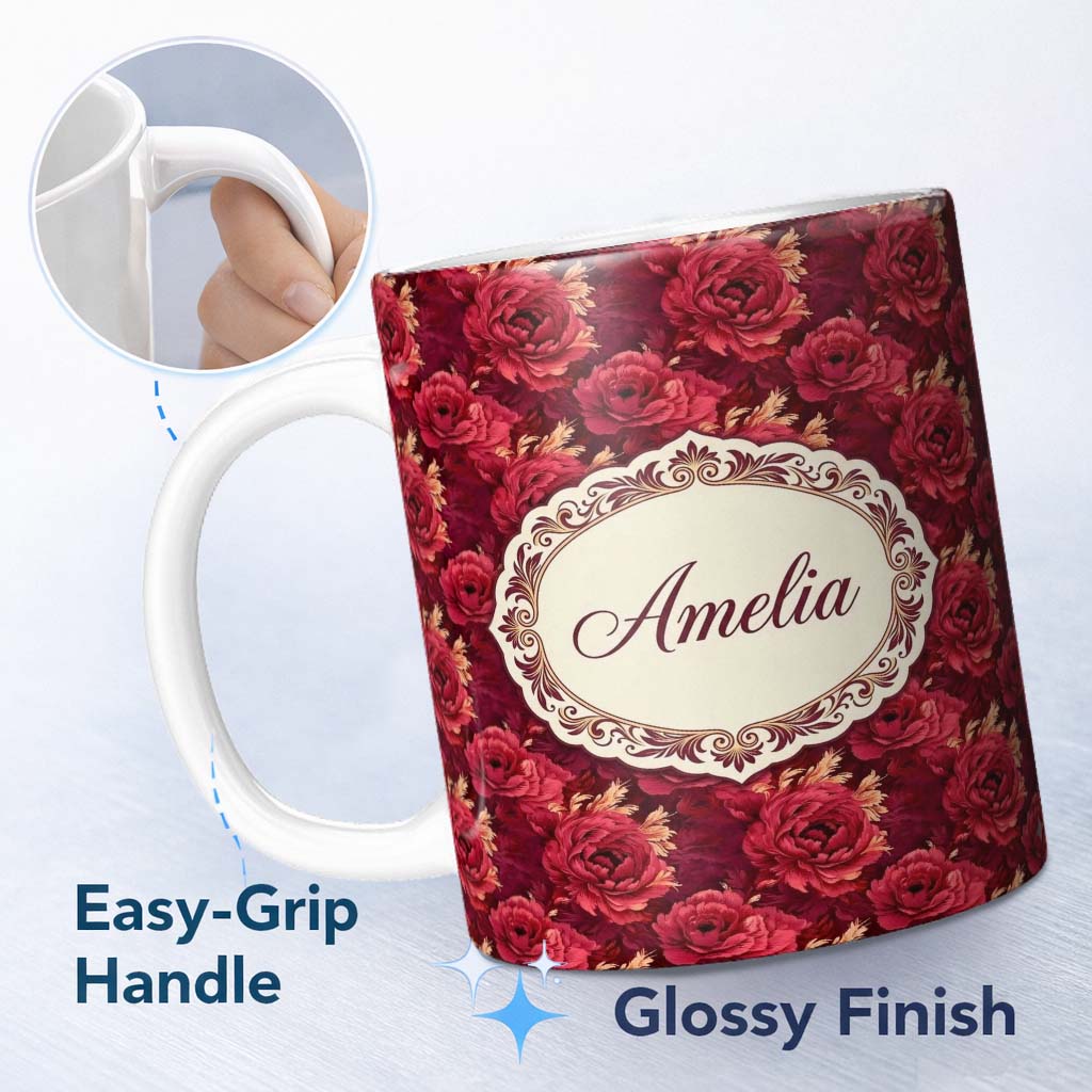 Personalized Custom Name Rich Red Peony Flower Garden Seamless Pattern Beautiful Coffee Cup 11oz Ceramic Coffee Tea Mug White Large Handle