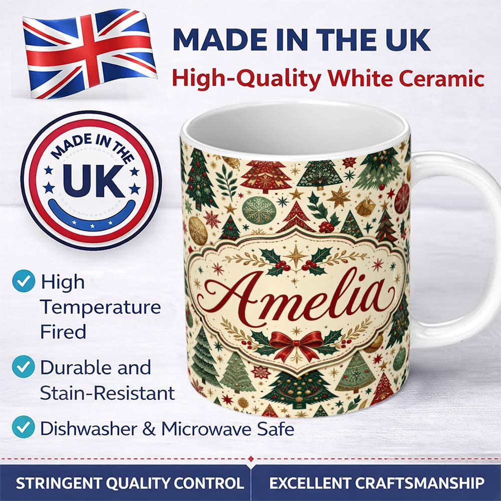 Personalized Custom Name Vintage Christmas Trees Ornaments Stars Seamless Pattern Festive 11oz Ceramic Coffee Tea Mug White Large Handle