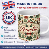 Personalized Custom Name Vintage Christmas Trees Ornaments Stars Seamless Pattern Festive 11oz Ceramic Coffee Tea Mug White Large Handle