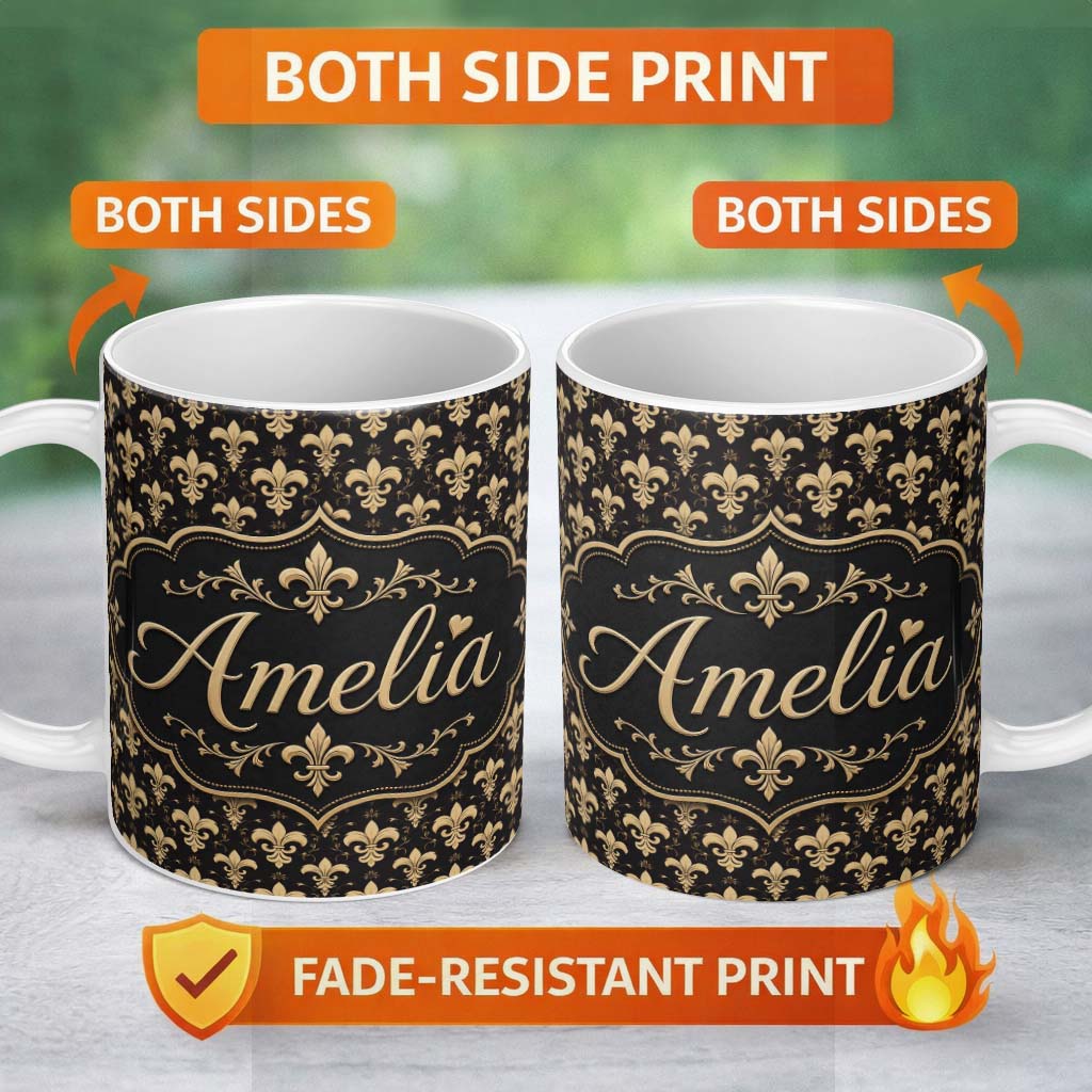 Personalized Custom Name Elegant Gold Fleur de Lis Pattern on Black Background Classic Design 11oz Ceramic Coffee Tea Mug White Large Handle