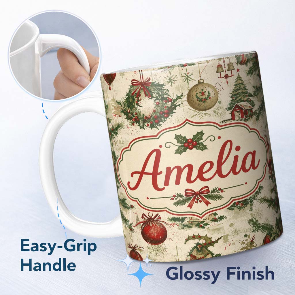 Personalized Custom Name Rustic Christmas Wreath Bell Ornament Holiday Seamless Pattern 11oz Ceramic Coffee Tea Mug White Large Handle
