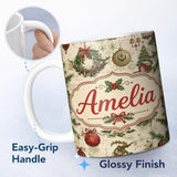Personalized Custom Name Rustic Christmas Wreath Bell Ornament Holiday Seamless Pattern 11oz Ceramic Coffee Tea Mug White Large Handle