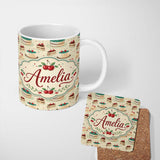 Personalized Custom Name Cherry Celebration Cake Dessert Seamless Pattern Cute Unique Gift 11oz Ceramic Coffee Tea Mug White Large Handle