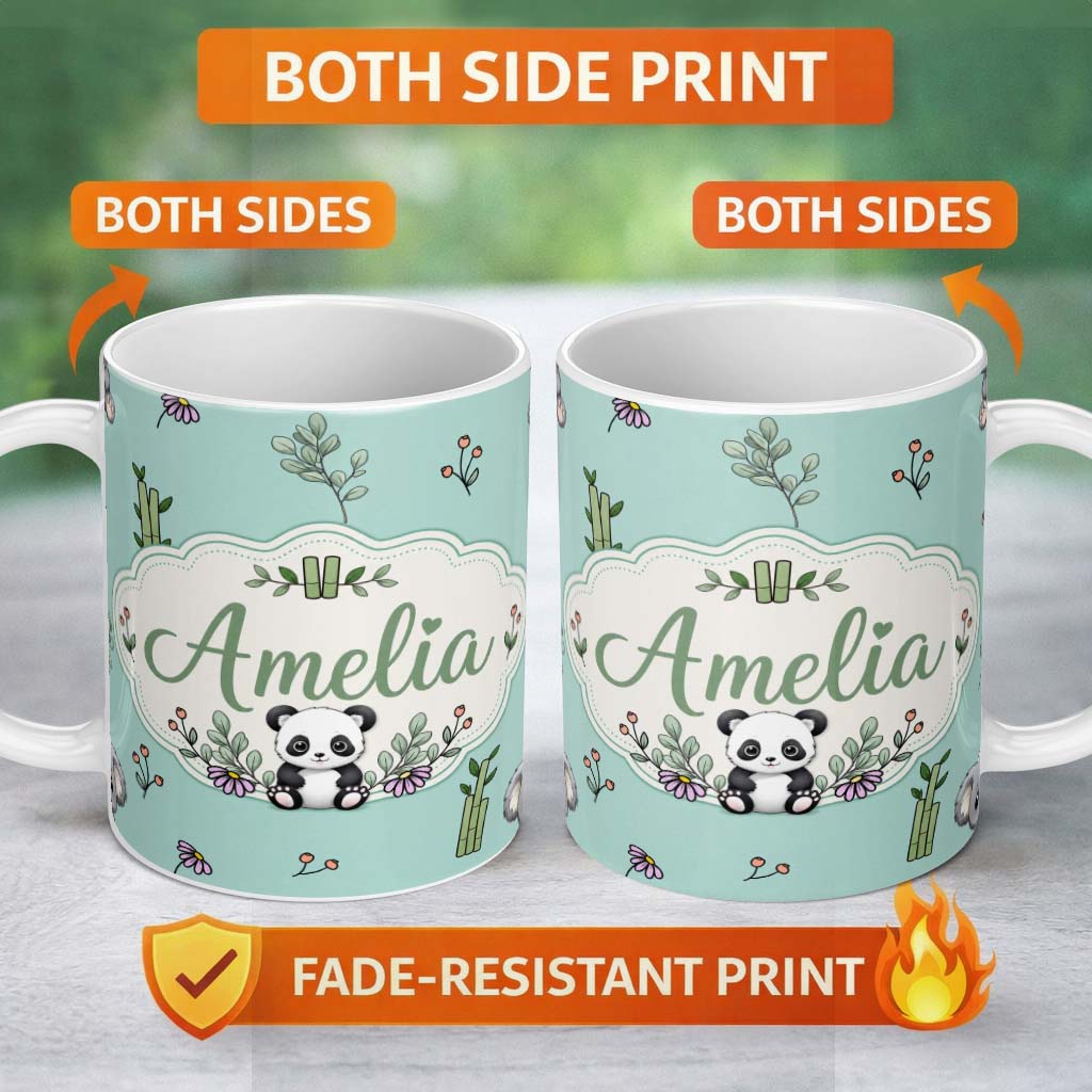 Personalized Custom Name Cute Panda Bamboo and Floral Minimal Seamless Pattern on Mint Green 11oz Ceramic Coffee Tea Mug White Large Handle