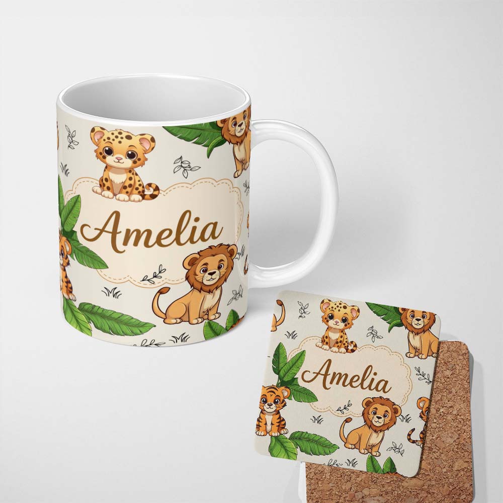 Personalized Custom Name Cute Jungle Animals Lion Tiger Leopard Neutral Background Tropical 11oz Ceramic Coffee Tea Mug White Large Handle
