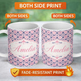 Personalized Custom Name Floral Geometric in Pink and Navy Symmetrical Design Lovely 11oz Ceramic Coffee Tea Mug White Large Handle