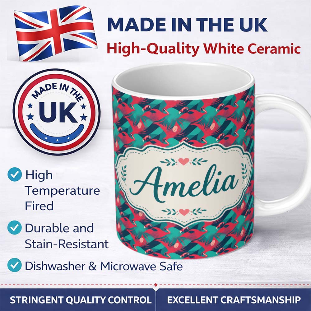 Personalized Custom Name Stylish Flamingo Birds with Geometric Tropical Background Seamless 11oz Ceramic Coffee Tea Mug White Large Handle