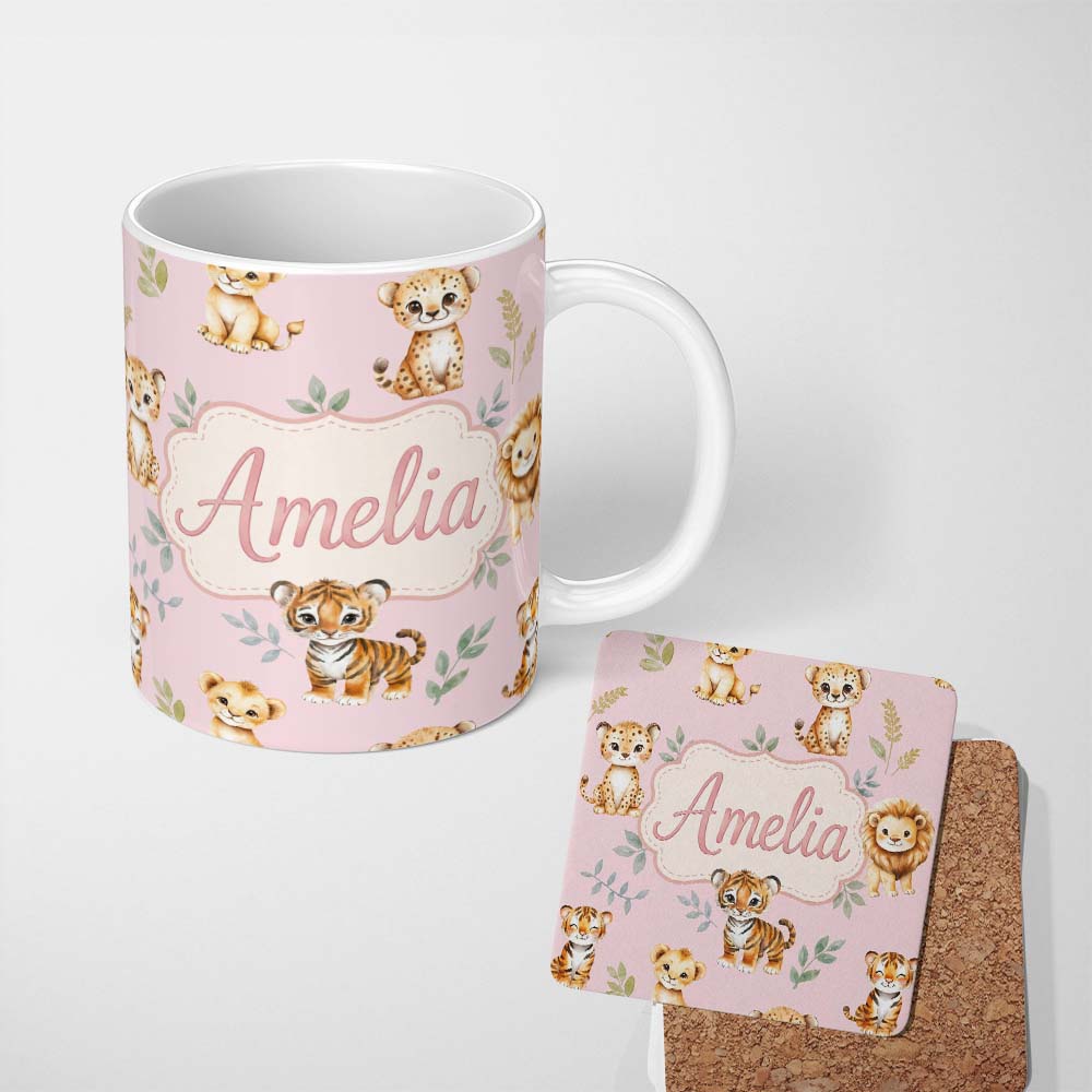Personalized Custom Name Cute Baby Jungle Animals with Leaves on Dusty Rose Background Lovely 11oz Ceramic Coffee Tea Mug White Large Handle