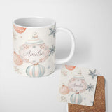 Personalized Custom Name Pastel Christmas Baubles Snowflakes Elegant Seamless Pattern Lovely 11oz Ceramic Coffee Tea Mug White Large Handle