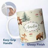 Personalized Custom Name Cute Woodland Forest Animals Bear Bunny Deer on Light Grey Lovely 11oz Ceramic Coffee Tea Mug White Large Handle