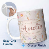 Personalized Custom Name Cute Easter Bunnies with Flowers Carrots Soft Pink Background 11oz Ceramic Coffee Tea Mug White Large Handle