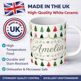 Personalized Custom Name Watercolor Christmas Tree Pattern in Red and Green Festive Seamless 11oz Ceramic Coffee Tea Mug White Large Handle