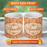 Personalized Custom Name Vintage Brown Floral Damask Texture Seamless Pattern Lovely 11oz Ceramic Coffee Tea Mug White Large Handle