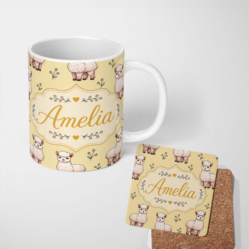 Personalized Custom Name Cute Alpaca Llama Pattern with Floral Sprigs on Yellow Background 11oz Ceramic Coffee Tea Mug White Large Handle
