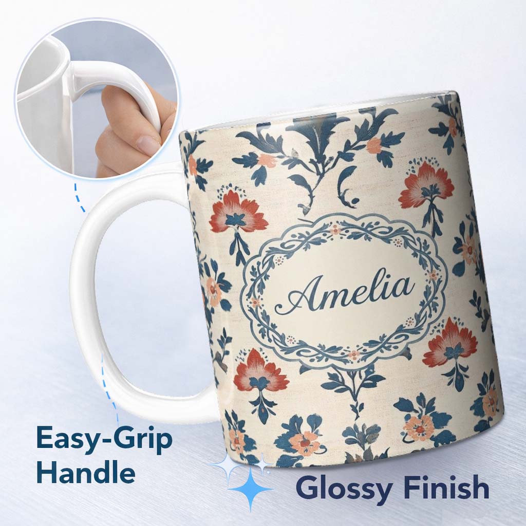 Personalized Custom Name Traditional Blue Red Floral Folk Art Seamless Pattern Lovely 11oz Ceramic Coffee Tea Mug White Large Handle