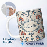 Personalized Custom Name Traditional Blue Red Floral Folk Art Seamless Pattern Lovely 11oz Ceramic Coffee Tea Mug White Large Handle