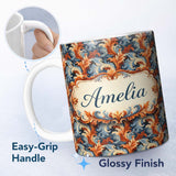 Personalized Custom Name Blue Orange Baroque Floral Artistic Ornamental Decorative Design 11oz Ceramic Coffee Tea Mug White Large Handle
