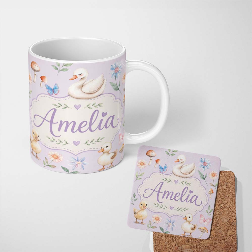 Personalized Custom Name Swan and Ducklings with Flowers Mushrooms Soft Lilac Seamless 11oz Ceramic Coffee Tea Mug White Large Handle