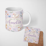 Personalized Custom Name Swan and Ducklings with Flowers Mushrooms Soft Lilac Seamless 11oz Ceramic Coffee Tea Mug White Large Handle
