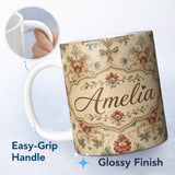 Personalized Custom Name Vintage Damask Floral Motif Soft Neutral Background Seamless Pattern 11oz Ceramic Coffee Tea Mug White Large Handle