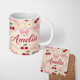 Personalized Custom Name Cute Cherry and Daisy Flowers with Pink Ribbon Bows Pattern Beige 11oz Ceramic Coffee Tea Mug White Large Handle