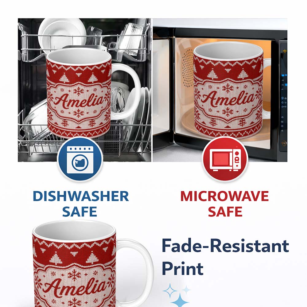 Personalized Custom Name Red Nordic Christmas Tree Snowflake Knitted Seamless Pattern Lovely 11oz Ceramic Coffee Tea Mug White Large Handle