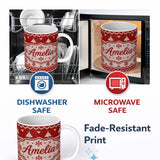 Personalized Custom Name Red Nordic Christmas Tree Snowflake Knitted Seamless Pattern Lovely 11oz Ceramic Coffee Tea Mug White Large Handle