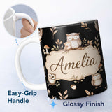 Personalized Custom Name Cute Owls Sitting on Branch Woodland Leaves Mushrooms Seamless 11oz Ceramic Coffee Tea Mug White Large Handle