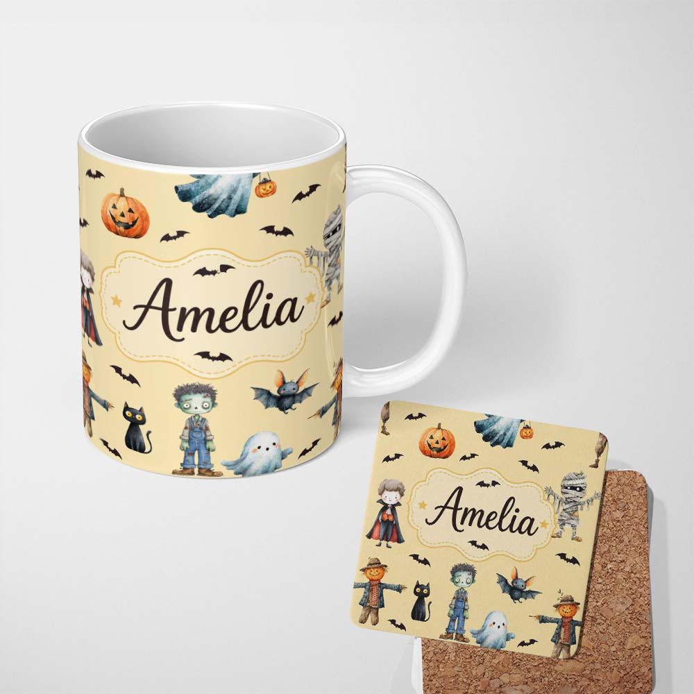Personalized Custom Name Halloween Zombie Mummy Vampire and Bat Characters Yellow Background 11oz Ceramic Coffee Tea Mug White Large Handle