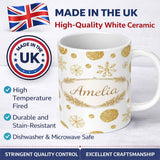 Personalized Custom Name Gold Snowflakes and Glitter Dots Seamless Pattern Cute Unique Gift 11oz Ceramic Coffee Tea Mug White Large Handle