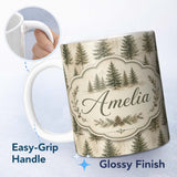 Personalized Custom Name Rustic Evergreen Trees Vintage Wood Texture Seamless Pattern Lovely 11oz Ceramic Coffee Tea Mug White Large Handle