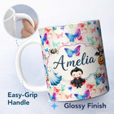 Personalized Custom Name Artistic Watercolor Butterflies with Paint Splash Effect Seamless 11oz Ceramic Coffee Tea Mug White Large Handle