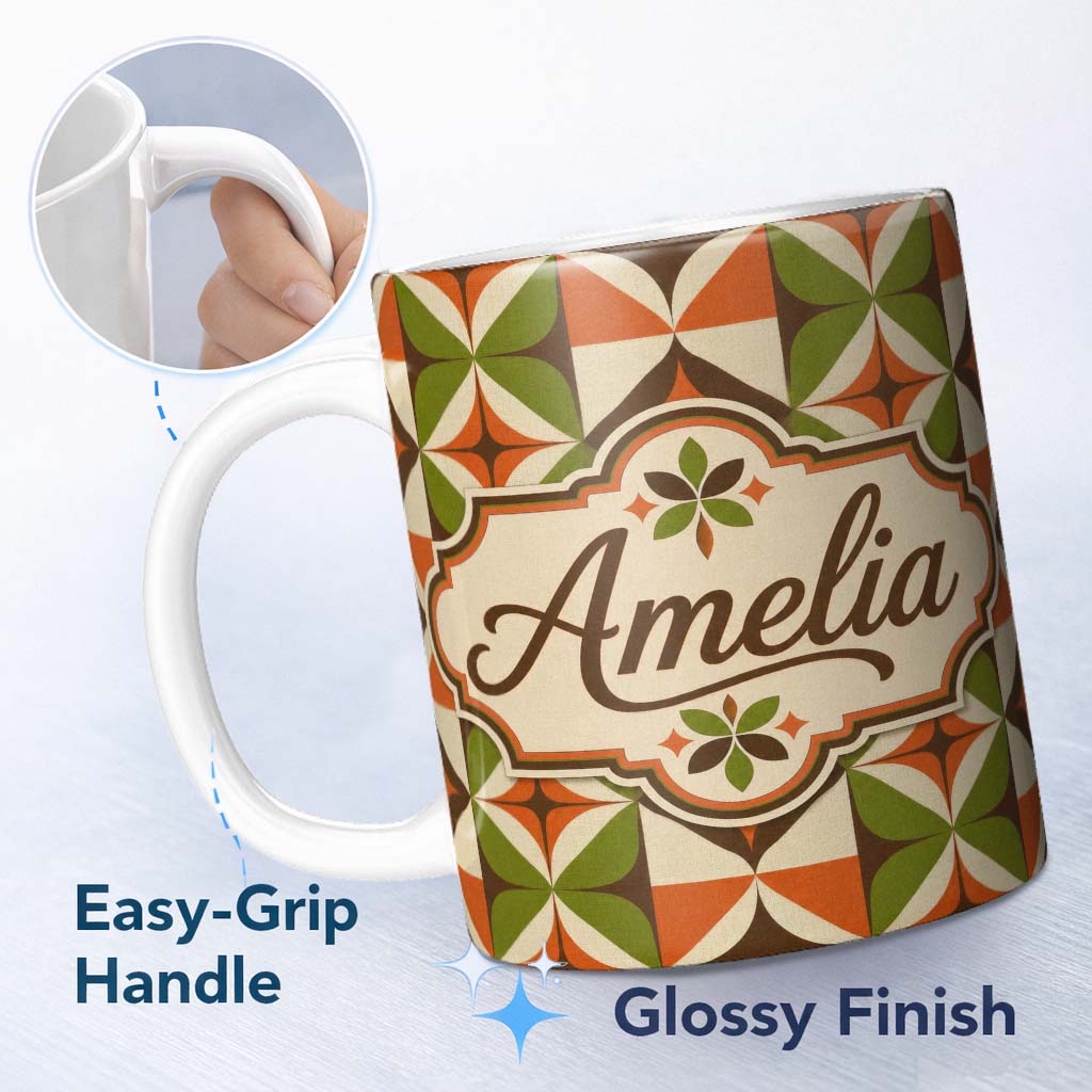 Personalized Custom Name Mid Century Orange Green Star Tile Geometric Seamless Pattern Lovely 11oz Ceramic Coffee Tea Mug White Large Handle