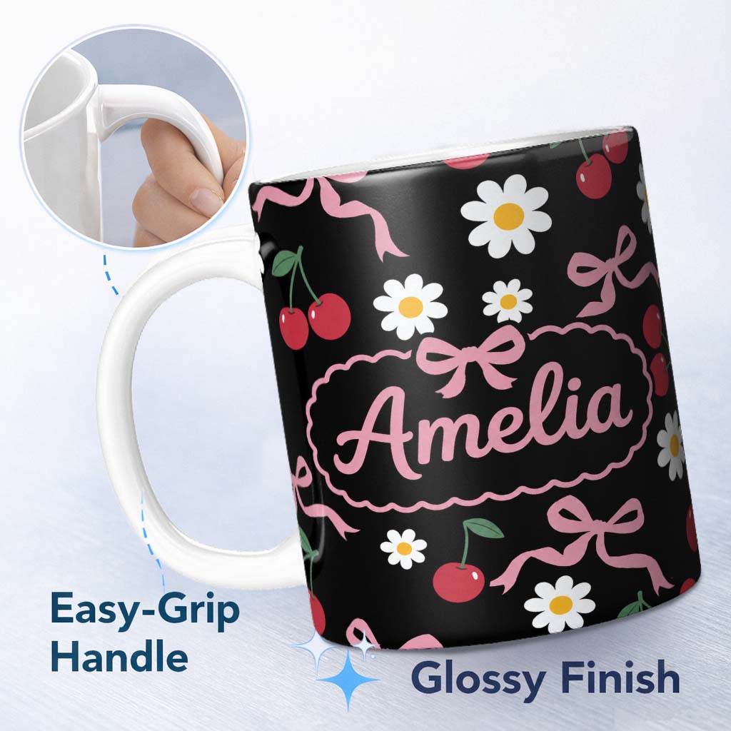 Personalized Custom Name Cute Cherry Bow and Daisy Seamless Pattern on Black Cute Unique Gift 11oz Ceramic Coffee Tea Mug White Large Handle