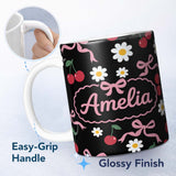 Personalized Custom Name Cute Cherry Bow and Daisy Seamless Pattern on Black Cute Unique Gift 11oz Ceramic Coffee Tea Mug White Large Handle