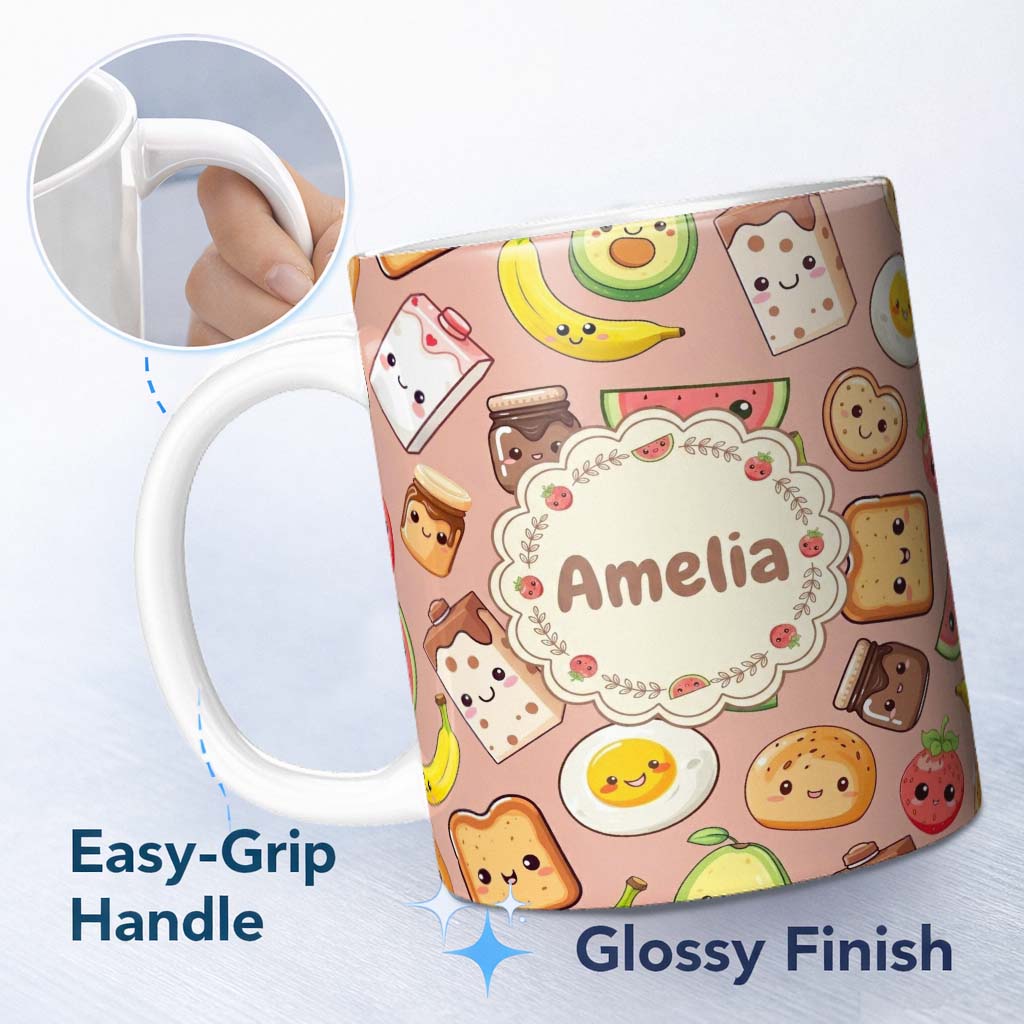 Personalized Custom Name Cute Kawaii Breakfast Food Seamless Pattern Beige Background Fun 11oz Ceramic Coffee Tea Mug White Large Handle