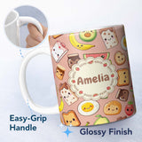 Personalized Custom Name Cute Kawaii Breakfast Food Seamless Pattern Beige Background Fun 11oz Ceramic Coffee Tea Mug White Large Handle