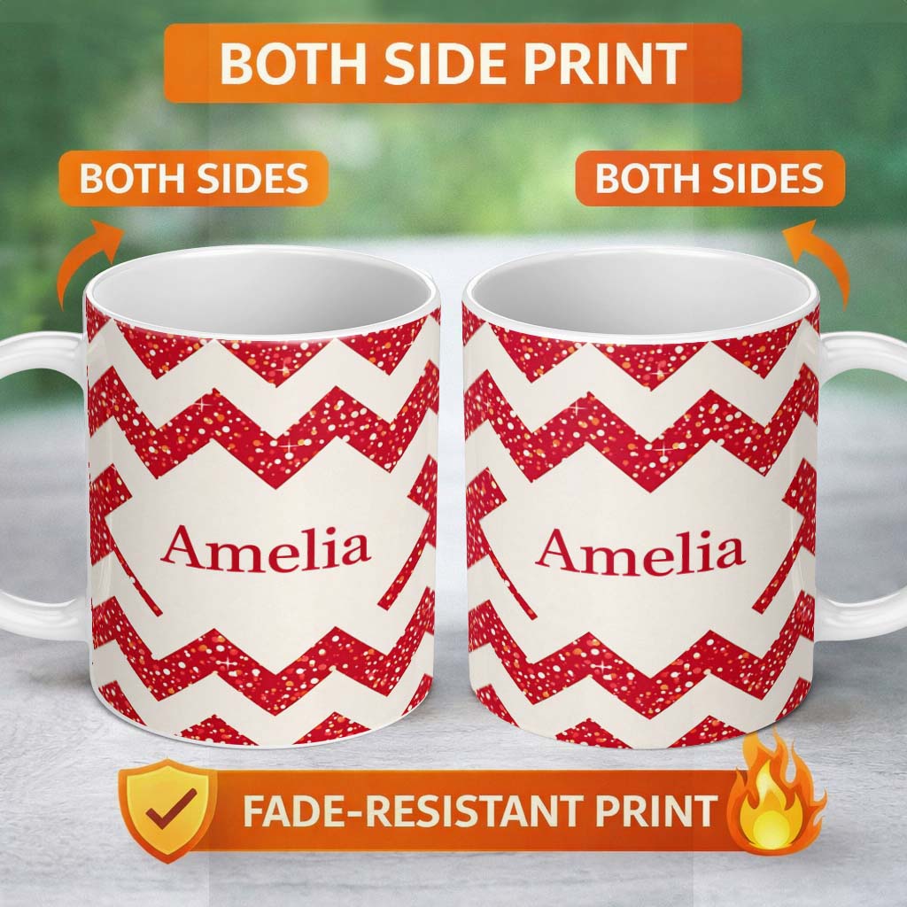 Personalized Custom Name Red Glitter Chevron Pattern Festive Bold Seamless Design Lovely 11oz Ceramic Coffee Tea Mug White Large Handle