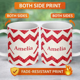Personalized Custom Name Red Glitter Chevron Pattern Festive Bold Seamless Design Lovely 11oz Ceramic Coffee Tea Mug White Large Handle
