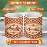 Personalized Custom Name Rust Red Geometric Diamond Lattice Pattern on Neutral Wood Texture 11oz Ceramic Coffee Tea Mug White Large Handle
