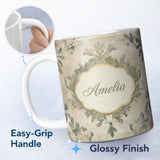 Personalized Custom Name Distressed Vintage Floral Damask Soft Muted Background Seamless 11oz Ceramic Coffee Tea Mug White Large Handle