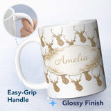 Personalized Custom Name Gold Glitter Deer Seamless Pattern Thoughtful Gift Idea Lovely 11oz Ceramic Coffee Tea Mug White Large Handle