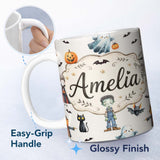 Personalized Custom Name Halloween Zombie Mummy Vampire Bat Spooky Light Grey Seamless 11oz Ceramic Coffee Tea Mug White Large Handle