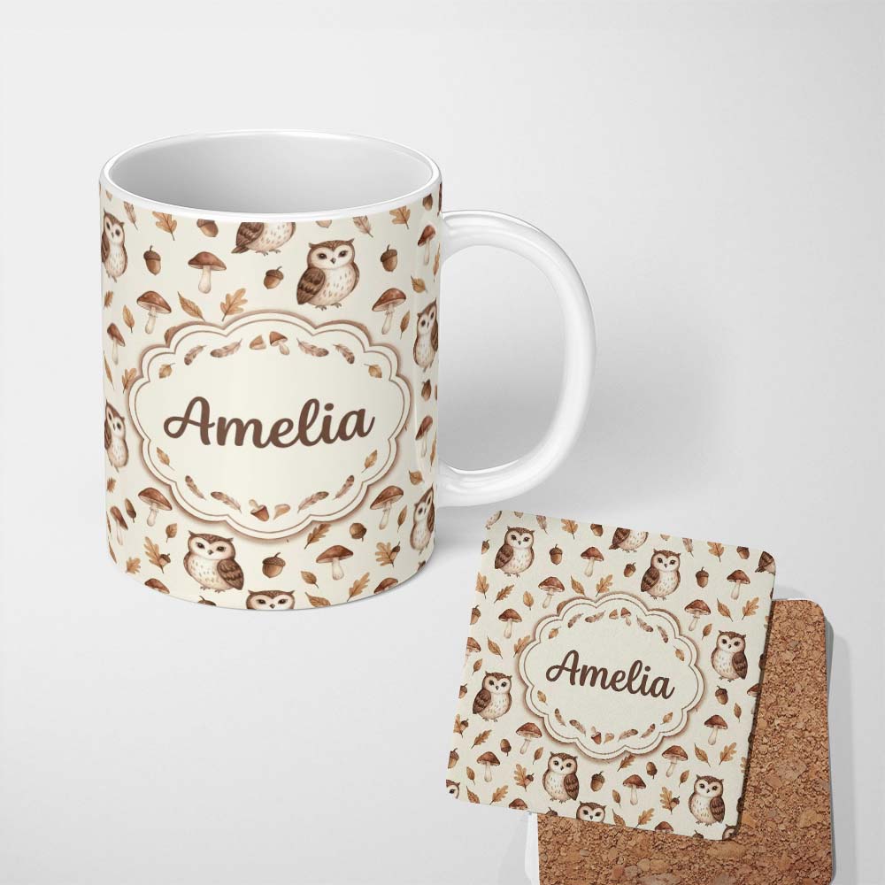 Personalized Custom Name Cute Woodland Owls with Mushrooms Leaves Soft Beige Background 11oz Ceramic Coffee Tea Mug White Large Handle