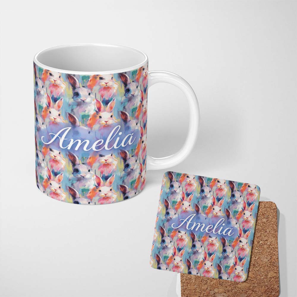 Personalized Custom Name Watercolor Easter Bunny Botanical Seamless Pattern Cute Unique Gift 11oz Ceramic Coffee Tea Mug White Large Handle