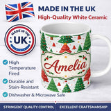 Personalized Custom Name Cute Christmas Trees in Red and Green with Falling Snow Seamless 11oz Ceramic Coffee Tea Mug White Large Handle